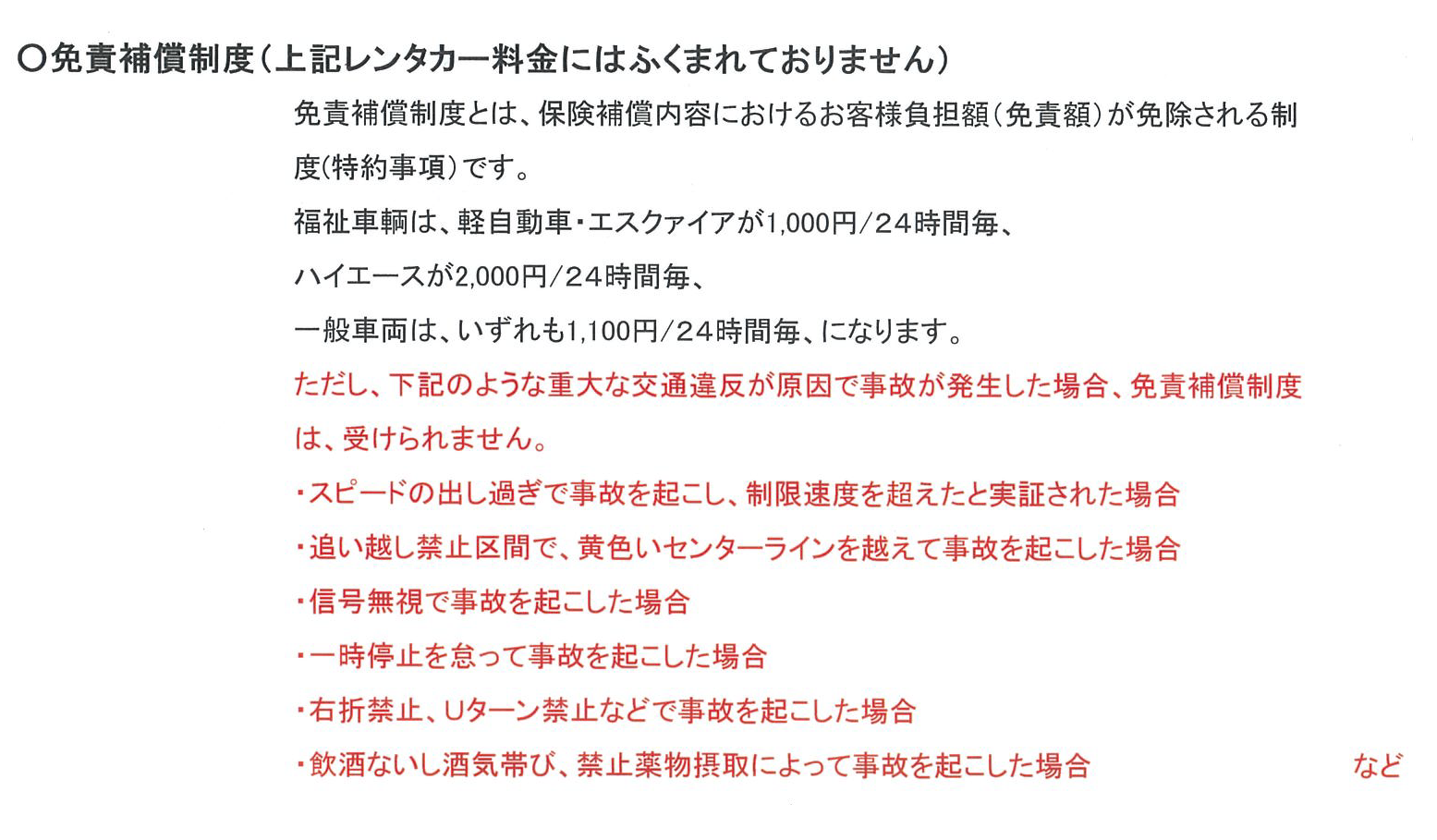 免責補償制度説明文等